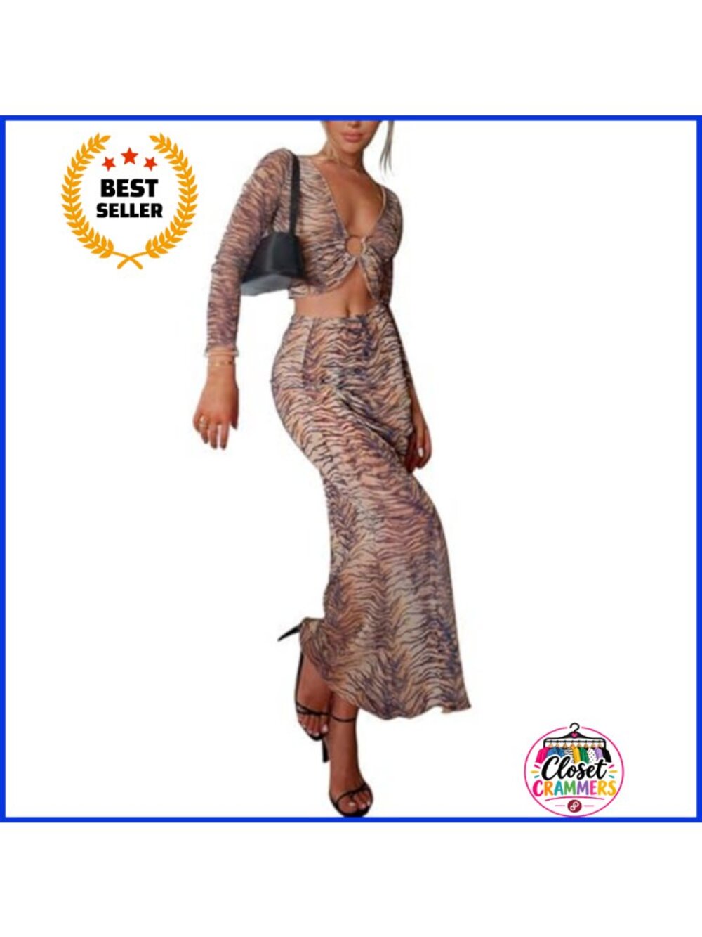 2 Piece Outfit Tiger Print Crop Top Maxi Skirt Set Bodycon Party